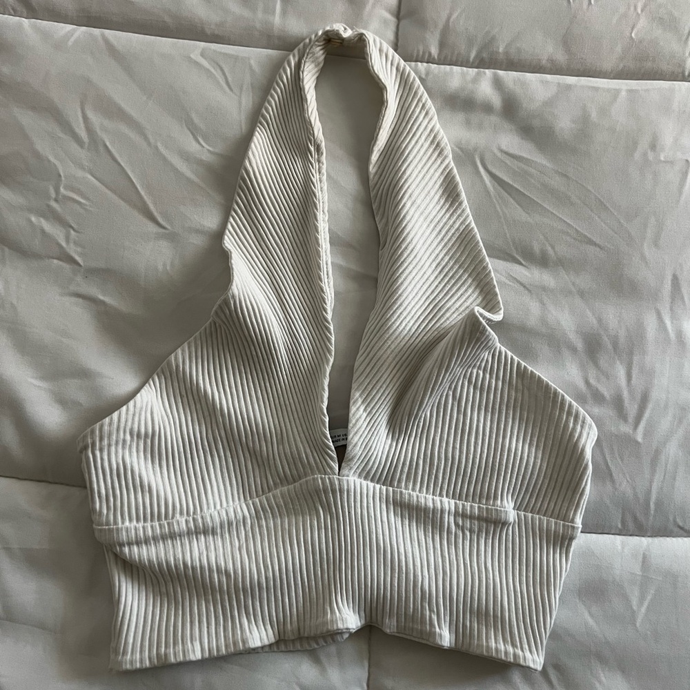 Zara White Ribbed Halter Crop Top